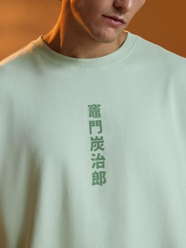 Image of The Souled Store Demon Slayer: Tanjiro Men and Boys Short Sleeves Round Neck Green Graphic Printed Cotton Lightweight All-Season Oversized T-Shirt