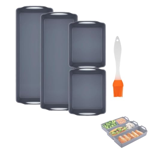 Silicone Baking Trays Non-Stick, 4pcs Silicone Baking Sheets Pan Dividers, Baking Tray for Oven, Oven Tray Set with Oil Brush for Roasting and Cooking, Dishwasher Safe(Gray)