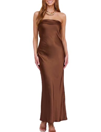 Image of Realtix Summer Satin Strapless Backless Maxi Dress for Women Wedding Guest