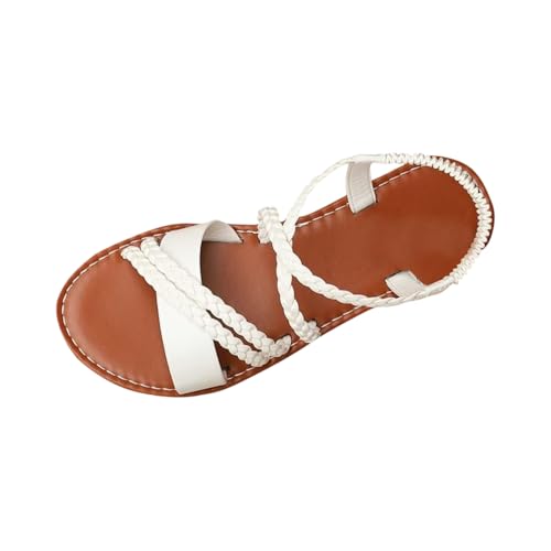 Sandales Femme Été Nu-Pieds Cuir Plates - Chaussures Été Femme Sandale Elegant Legere Glamour, Women Sandals Voyage Plage Travail Blanc 37