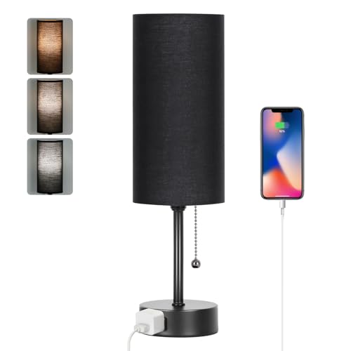 Dott Arts Table Lamp for Bedroom, 3-Color Bedside Lamps with Pull Chain, Bedroom Table Lamps for Nightstand,AC Outlet Small Lamp for Living Room, Bulb Included Black