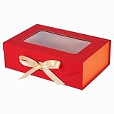 PLINJOY Red Gift Box for Presents with Ribbon 10.8x7.5x3.5 Inches Clear Gift Box with Window Magnetic Closure Gift Boxes with Lids