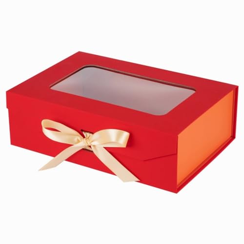 PLINJOY Red Gift Box for Presents with Ribbon 10.8x7.5x3.5 Inches Clear Gift Box with Window Magnetic Closure Gift Boxes with Lids