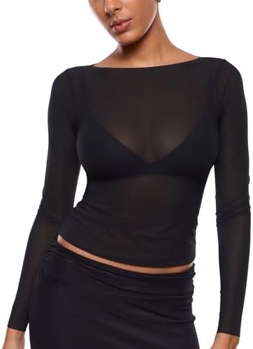 INLYRIC Women's Cosnufy Mesh Sheer Long Sleeve Tops See Through B...