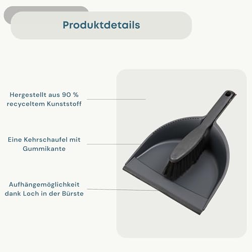 Vilde Besen Und Kehrschaufel Set - Hochwertig, Aus 90% Recyclingmaterial - Schwarzes Design - Gummikante Für Perfekten Bodenkontakt - Praktische Aufhängemöglichkeit - Recycelbar - Haushalt Reinigung