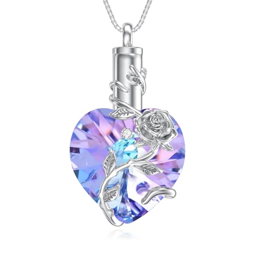 OCJ Heart Rose Flower Urn Necklace for Ashes Women Birthstone Cremation Necklaces Sterling Silver Memorial Cremation Jewelry Gifts