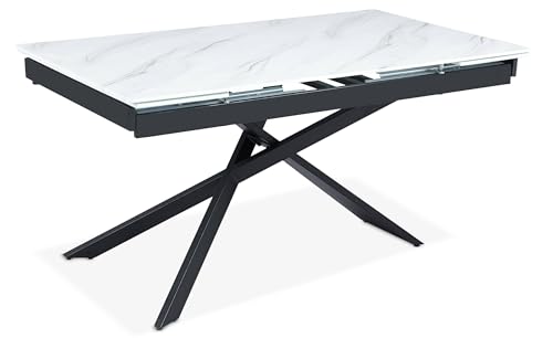 Menzzo Table à Manger Extensible Ismael en Verre Effet marbre Blanc et Pieds Métal Noir