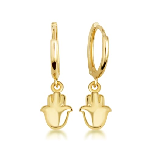 Claddagh Gold 10K or 14K Yellow Gold Hamsa Hand Of Protection Drop Huggie Hoop Earrings