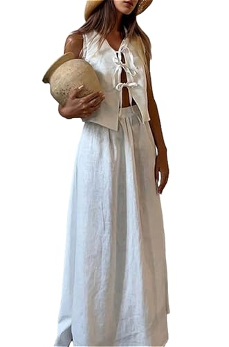 2 Piece Linen Set for Women Casual Sleeveless Tie Front Top Boho Maxi Skirt Vacation Outfits Summer Going Out Beach