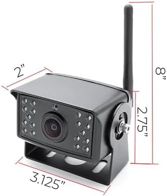 Dimensions of the wireless camera, showing a width of 3.125 inches, a depth of 2 inches, and a height of 8 inches including the antenna.