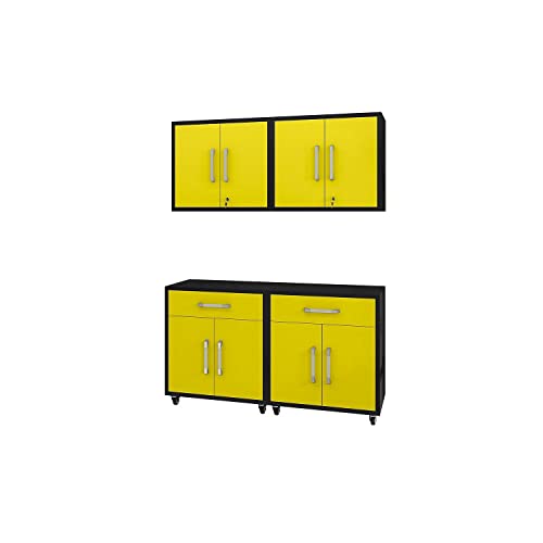 Image of Manhattan Comfort Eiffel Garage Cabinets and Storage System, Set of 4, Matte Black and Yellow