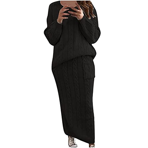 NaRHbrg Plus Size Sweater for Women's Winter Chunky Cable Knit Long Skirt 2 Piece Outfit Sweater Sets Warm Casual Suit