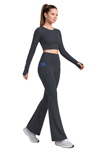 Image of PINAAK FASHION Women's Yoga Co-Ord Set | Full Sleeve Crop Top & Flared High Waist Yoga Pants with Pocket | Thumb Hole Sleeves | Bell Bottom Gym Wear Activewear Tracksuit for Workout, Running & Lounge