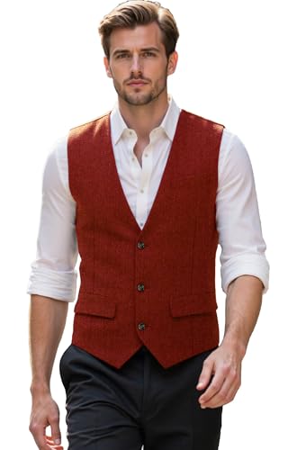 Men Herringbone Suit Vest Retro Tweed Slim Fit Vests Men Waistcoat Vest Wedding Prom Formal