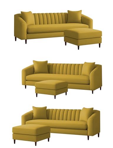 Image of Casaliving Doraldo 4 Seater L Shape Convertible Sofa Set for Living Room, 3 Seater & Ottoman Modular Sectional Couch for Small Space (Yellow Colour) Fabric
