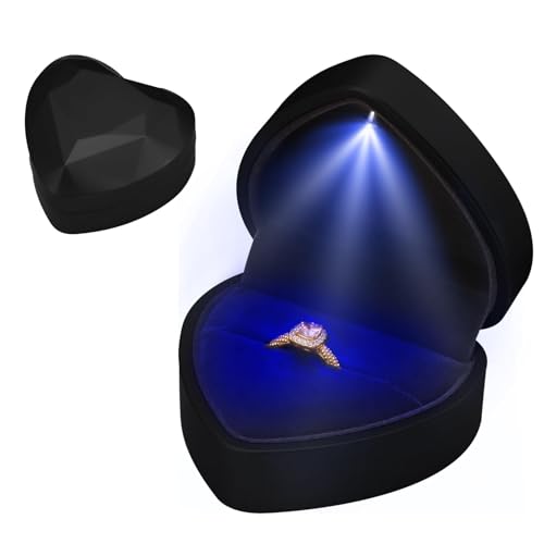 Ring Box With LED Light for Valentine's Day, Heart Shape Jewellery Gift Box Ring Organiser Earring Storage Diamond Luxury Storage Box Case Display Holder for Women Proposal Wedding Engagement (Black)