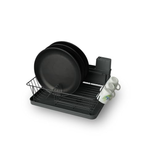 Image of SEVVY - Dish Drying Rack for Kitchen with Drain Board, Dish Holder, Cutlery Holder & Cup Holder - Black