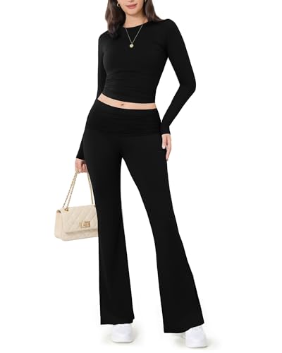 Image of ZOOSIXX Lounge Sets for Women - 2 Piece Outfits Crop Tops with Fold Over Flare Leggings Fall Loungewear Fitted Pajama