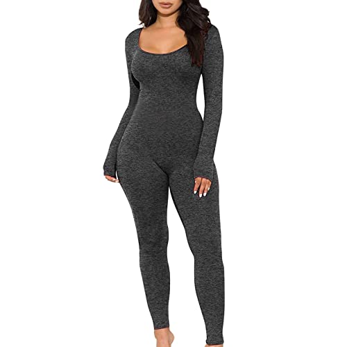 Damen Sport Workout Jumpsuit Lang Eng Yoga Bodysuit Playsuits Overall Stretch Langarm Bodycon Fitness Overall Ballett Ganzanzug Gymnastik Trikot Body Elastisch Yoga Bodysuit Leggings (2#Dark Gray, M) Cover
