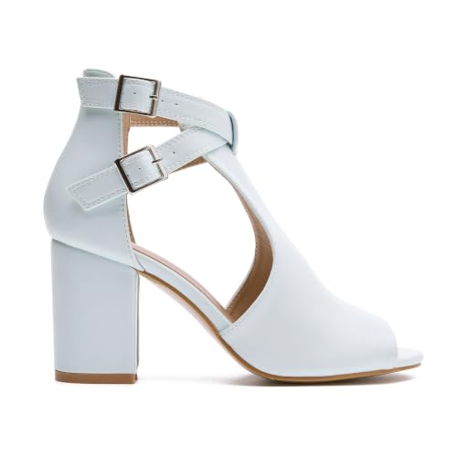 Image of Women's Peep Toe Sandals Side Cutout Chunky high Heel Adjustable Buckle | Summer booties, dressy, breathable, stacked, wide footbed, non-slip, ankle strap, all-day comfort, for parties, casual, work