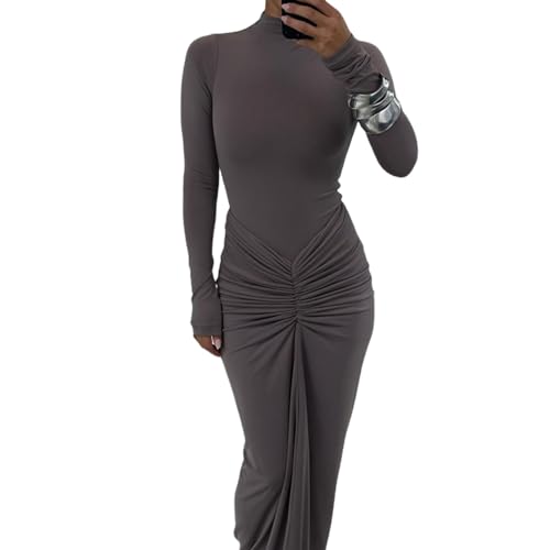 Image of Women's Sexy Turtleneck Long Sleeve Maxi Dress Elegant Ruched Bodycon Long Dress Casual Party Dresses