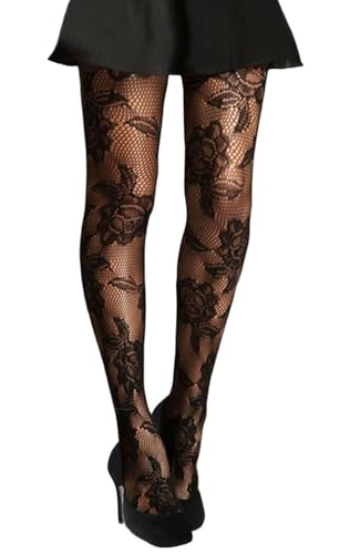 Damen Netzstrumpfhose, gemustert, mit Spitze, mit Muster-Aufdruck, Schwarz, Bold English Rose, Einheitsgröße