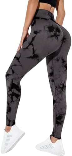 Tryon Tie Dye Seamless Scrunch Butt Leggings - High Waist Yoga Gym Workout Pants For Women (Black M, Grey)