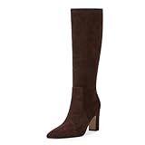 VIUGJNEX Knee High Boots for Women 3-Inch Chunky Heel Pointed Toe Side Zipper Fall Boots Dressy Comfortable Fashion, Chocolate Brown Suede, 5 UK