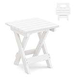 LUE BONA Small Outdoor Folding Side Table, HDPS Outside End Table for Patio, Porch, Deck, Pool, 14 Inch Height, White