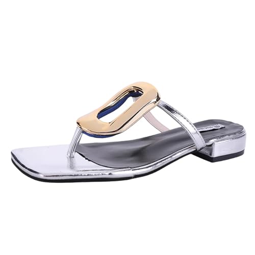 Flip Flops for Women Womens Flip Flops Square Open Toe Thong Sandals Comfortable Slide with Metal Decoration Flat Slippers