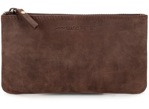 Marc Peter® Vintage Austin Federmäppchen aus Leder Federtaschen Mäppchen Etui mit YKK Reißverschluss, Große Kapazität Pencil Case Großes Federmappe - Dunkel Braun