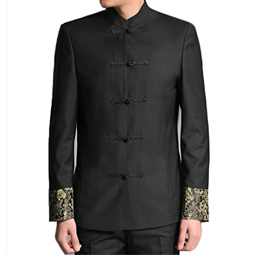 Dragon Embroidery Men Chinese Style Tunic Suit Jacket Stand Collar Kung Fu Uniform Coat Single Breasted Black2