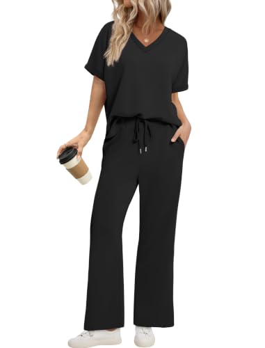Sampeel Lounge Sets for Women V Neck Turn-UP Sleeves Tops Wide Leg Pants 2 Piece Sets Oversized Summer Vacation Outfits 2026