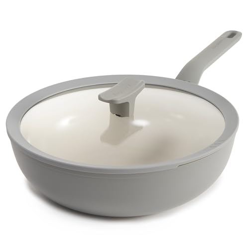 Berghoff Balance Non-stick Ceramic Wok Pan 11 4.4qt. with Multifunctional Glass Lid Recycled Aluminum CeraGreen Non-toxic Coating Stay-cool Handle Induction Pan Moonmist