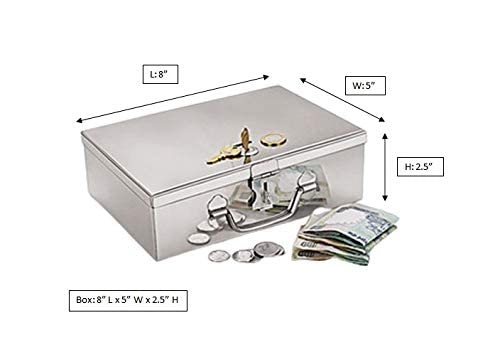 Image of Stainless Steel Cash /Coin /Jewellery Storage Rectangular Silver Boxes with Pre-Fitted Lock (8 inch x 5 inch x 2.7 inch) (With Pre fited One Lock & 2 Key) (Medium Poja 8)