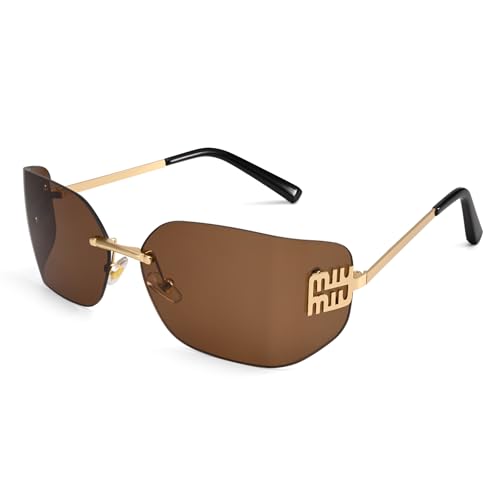 Dollger Rimless Y2K Sunglasses Women Retro Trendy Wrap Around Shield Frame Designer 90s Fashion Glasses