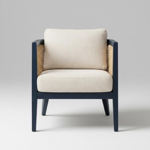 Image of APRODZ Solid Wood Accent Chair for Living Room Mid Century Modern Wooden Upholstered Armchair with Cushion Lounge Chair Cane Back Wooden Frame for Living Room Bedroom Office Seating (Navy Blue)
