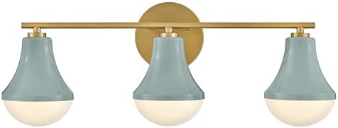 Lark Haddie Modern Three-Light Bath Vanity, Fixture Mounts Up or Down Over Bathroom Mirror, Seafoam and Lacquered Brass Finish