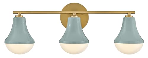 Lark Haddie 85513SF Modern Three-Light Bath Vanity - Fixture Mounts Up or Down, Shades Secured in Place - Seafoam + Lacquered Brass
