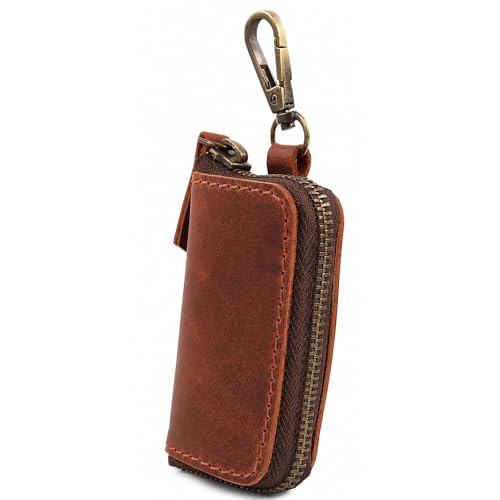 Image of Handmade Full Grain Leather Car Key Holder & Zippered Coin Purse | Belt Loop Key Chain, Compact Earphone Holder Multi-Functional Money Purse Elegant Leather Accessory Versatile Key Organizer (Tan)