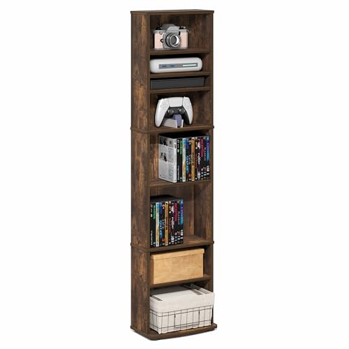 Image of Furinno Jaya DVD Shelf, 8-Tier Tall Narrow CD Rack, Media Shelf with Adjustable Shelves, DVD Storage Cabinets for CD Bluray Game Disc, Easy Assembly, for Living Room, Home Office, Amber Pine