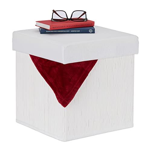 Pouf Contenitore Sgabello Pieghevole in bambù Poggiapiedi Imbottito con Coperchio HLP 35x35x35 cm Fibra di Legno bianco