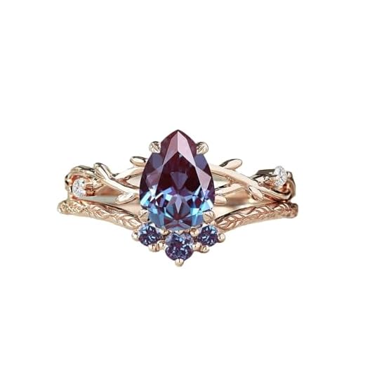 Natuurlijke Alexandrite verlovingsringen for vrouwen, natuur geïnspireerde kleurverandering Alexandrite bruidsset, Leaf Vine Branch 925 Sterling zilveren ring (Size : 52(16.6))