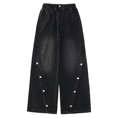 Girls Cropped Jeans Patchwork Baggy Flare Denim Pants Kids High Waist Wide Leg Cargo Jeans Trousers with Pockets