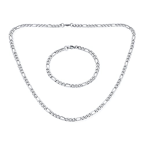 Light Weight Strong 5MM Silver Tone Stainless Steel Bracelet Necklace Flat Figaro Link Jewelry Set For Men For Teen