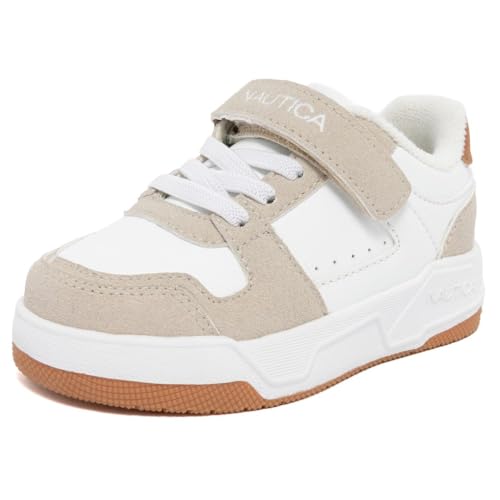 Nautica Kids Sneakers with Adjustable Strap and Bungee Straps | Comfortable Casual Shoes for Boys and Girls (Toddler/Little Kid), White Taupe Tan, 8 Toddler