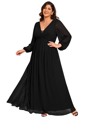 Amazon.com: Ever-Pretty Plus Women's V Neck Long Sleeves A Line Pleated  Chiffon Plus Size Maxi Formal Evening Dresses Black US14 : Clothing, Shoes  & Jewelry