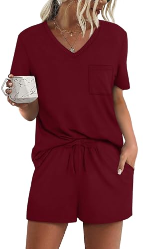 Image of RUBZOOF Women's Short Sleeve Pajama Sets with Pockets Casual V Neck 2 Piece Lounge Sets S-3XL