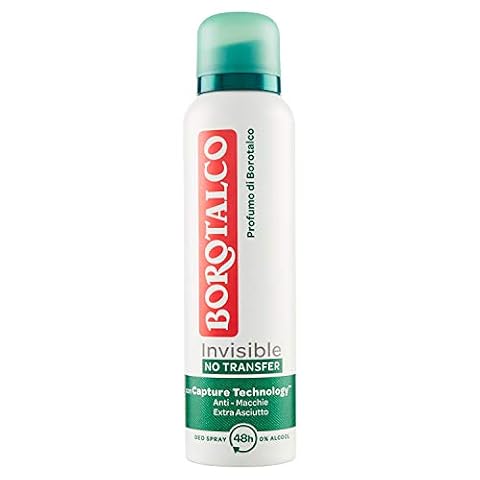 Borotalco, Dezodorant dla mężczyzn, niewidoczny spray, bezalkoholowa formuła z talkiem ochronnym, przeciw plamom, piżmowy zapach, 72 godzin skuteczności, 150 ml