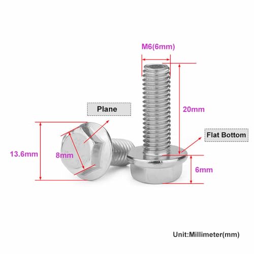 Image of Junter 10pcs M6-1.0 x 20mm A2-70 Flat Bottom Flanged Hex Head Metric Screws | A2 Stainless Steel, Hex Cap Flange Bolt, Flat Bottom, Flanged Hexagon Head, Fully Threaded, Standard Coarse Thread, 5787